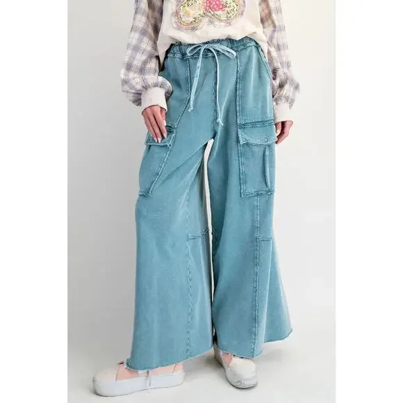 "Durango" French Terry Cargo Wide Leg Pants in Teal Blue - Picture 2 of 5